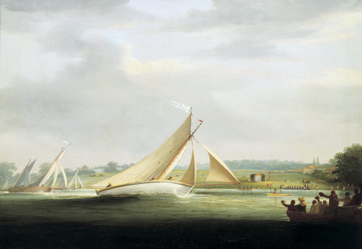 Yachter fra Cumberland Society Race på Themsen (England), ca. 1815, forfader til Royal Yacht Race på Themsen. Olie på lærred af William Havell
