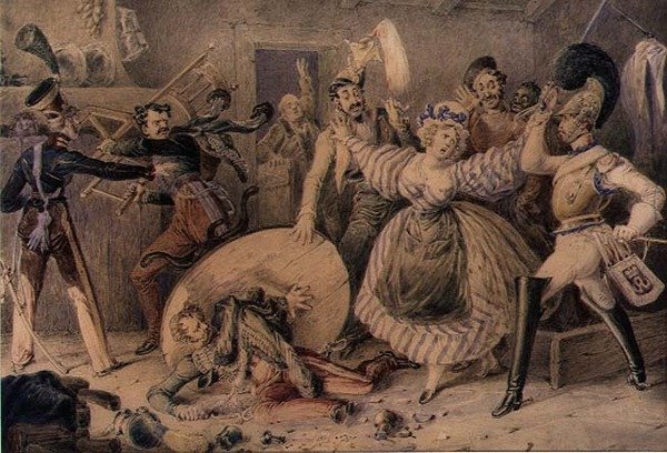 A Brawl in an Inn, ca. 1830 (akvarel over blyant forhøjet med gouache på papir) af William Heath