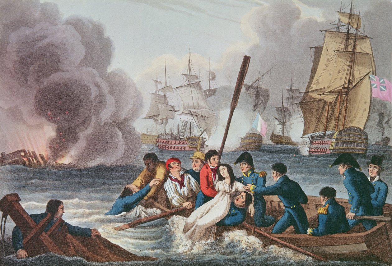 Anekdote om slaget ved Trafalgar, graveret af Matthew Dubourg (fl.1813-20) fra "Historic, Military and Naval Anecdotes", udgivet af Edward Orme (1774-c.1820) 1817 (akvaratint) af William Heath