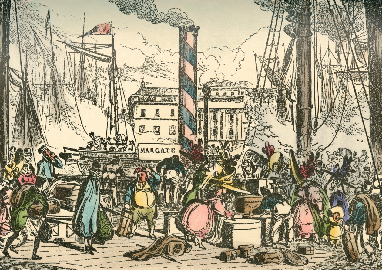 At komme ombord på Margate Steam-pakken ved London Bridges Wharf, 1838 af William Heath