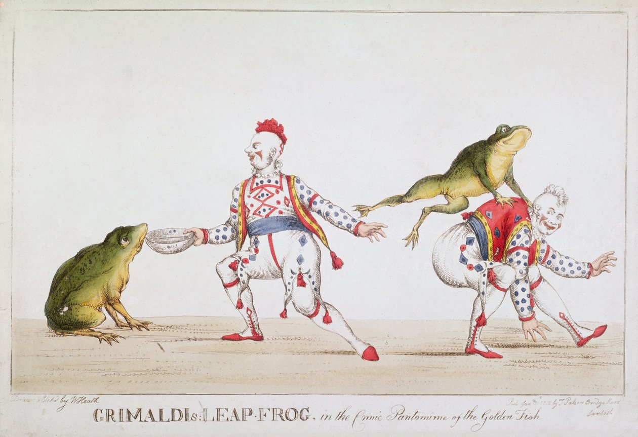 Grimaldis springfrø i den gyldne fisks komiske pantomime, 1812 af William Heath
