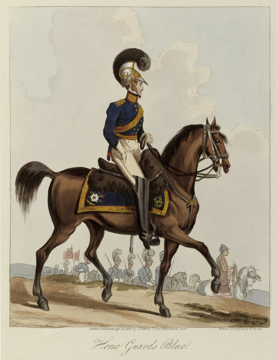 Horse Guards Blue, Uniform study of Royal Regiment of Horse Guards, 1820 (farvet akvatint) af William Heath