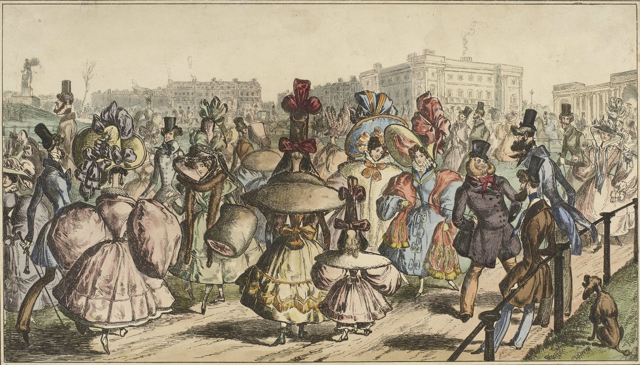 Mænd og kvinder i slående påklædning går i en park i en by The Park - 1830 (titel på objekt) af William Heath