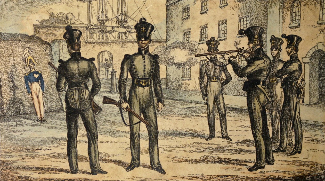 Marineriffelmænd ved oscillerende skikkelse, ca. 1835 (håndfarvet radering) af William Heath