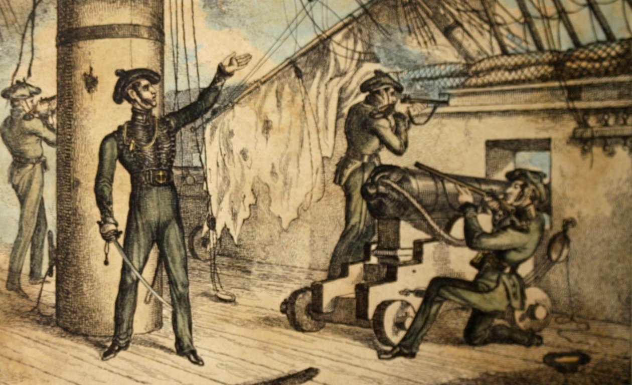 Marineriffelmænd i aktion om bord på et uidentificeret krigsskib, ca. 1835 (håndfarvet radering) af William Heath