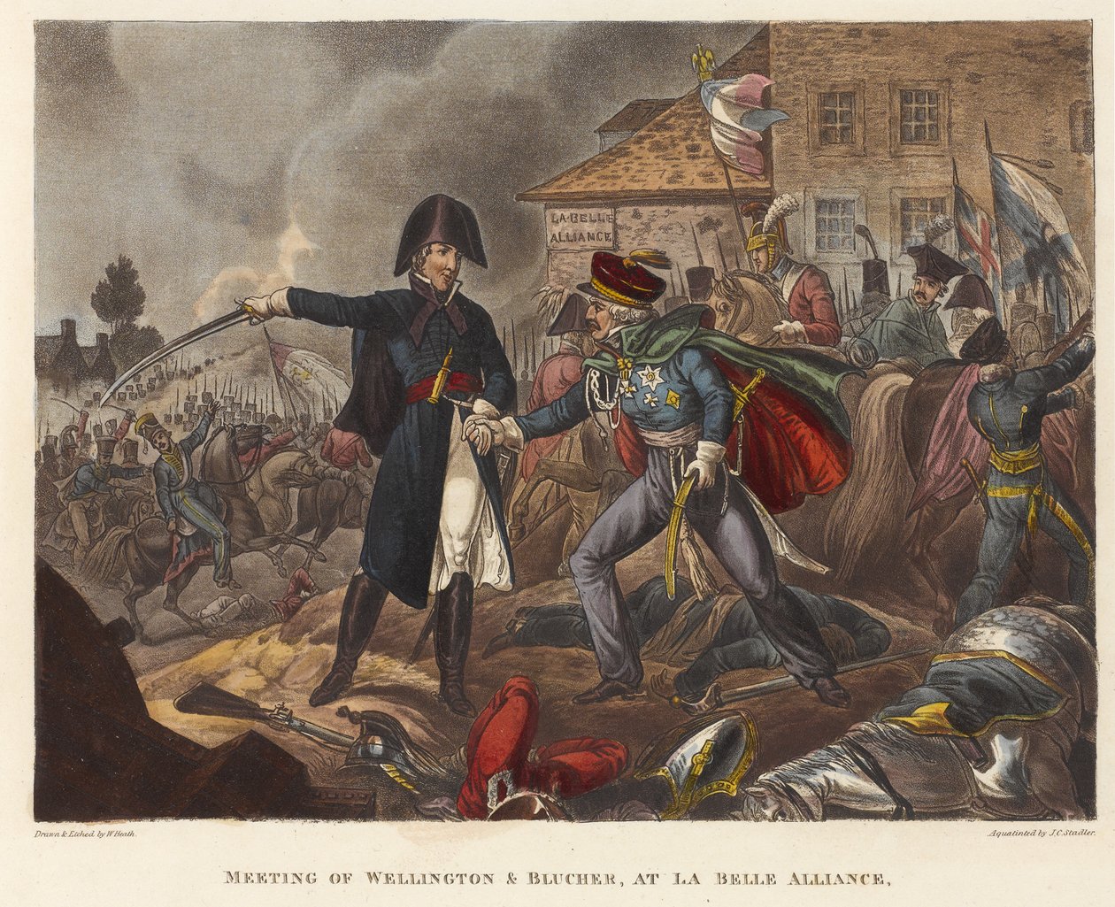 Mødet mellem Wellington og Blücher på La Belle Alliance, akvatint af Joseph Constantine Stadler (fl.1780-1812), 1818 (farvet akvatint) af William Heath