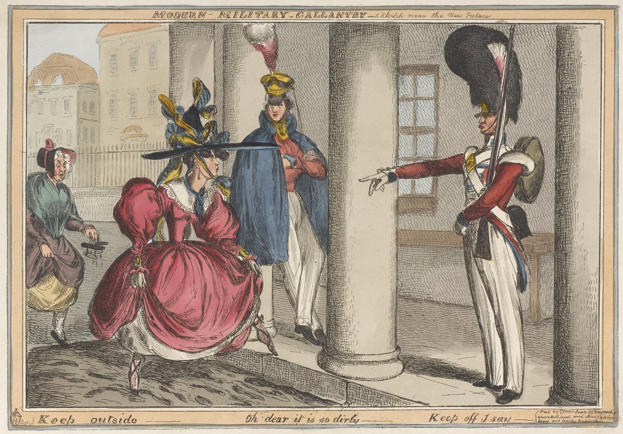 "Moderne militær galanteri - En skitse nær New Palace Keep udenfor - Åh nej, hvor er det beskidt", ca. 1829 (farvet radering) af William Heath