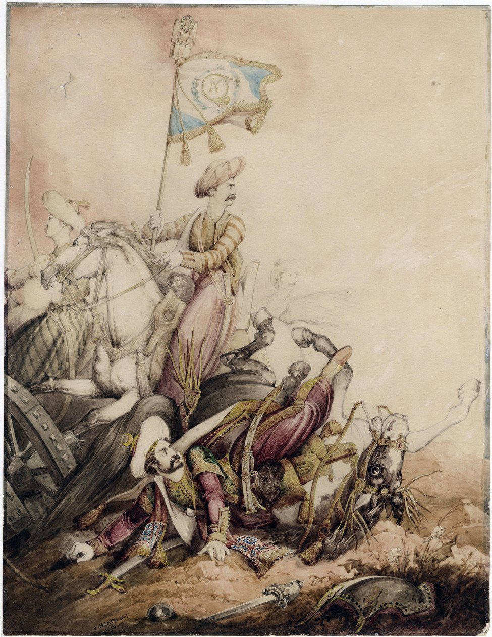 ""Mamluk fanebærer i kamp"" (Mamluk fanebærer i kamp) Akvarel af William Heath (1795-1840) - 1818 Dim 33,5x25,9 cm Privat samling af William Heath