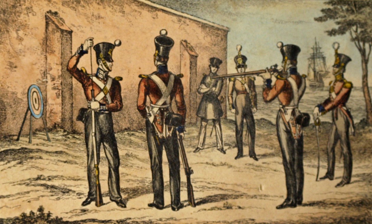 Nuværende kostume af marinesoldaterne ved rundmålsøvelse, ca. 1835 (håndfarvet radering) af William Heath