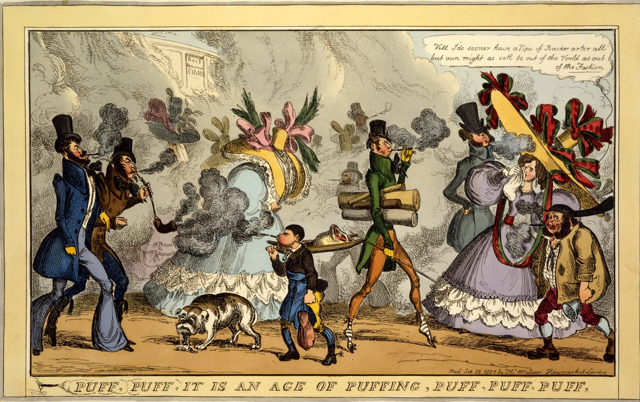 Puff, Puff, det er en tidsalder med puffing, Puff, Puff, Puff, pub. Thos. McLean, London, 1827 (håndfarvet gravering) af William Heath