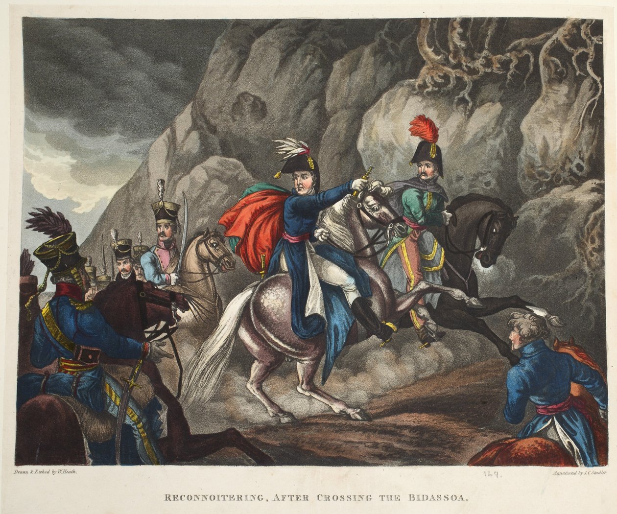 Rekognoscering, efter at have krydset Bidassoa, akvatint af J.C. Stadler, pub. af Tegg, april 1818 (akvatint) af William Heath