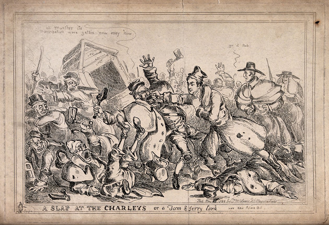 Robert Peel som bokser, der angriber natvagter med det formål at erstatte dem med politistyrken. Radering af Paul Pry (W. Heath). af William Heath