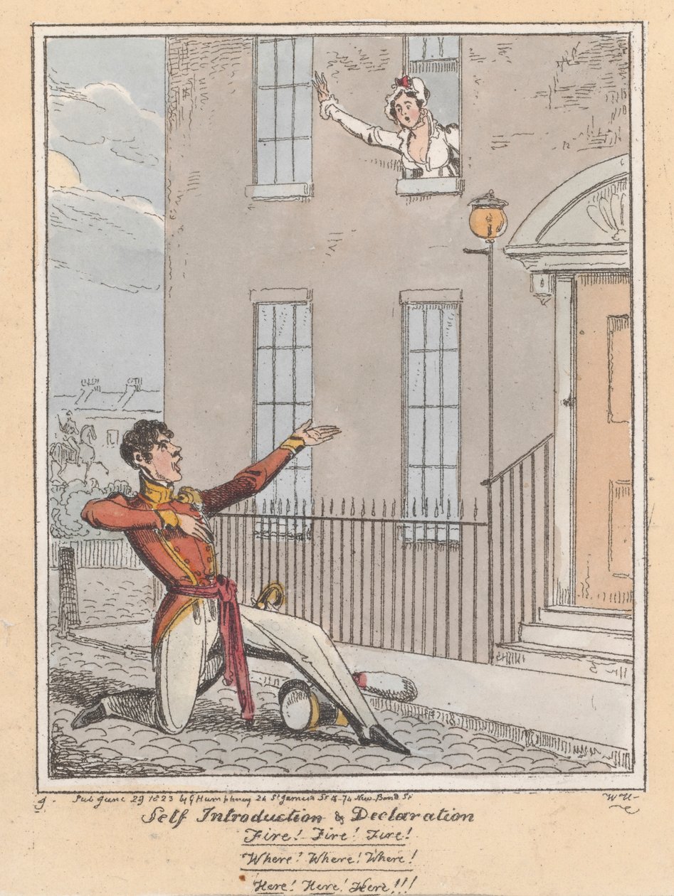 Selvintroduktion og erklæring, 1823 (håndfarvet radering) af William Heath