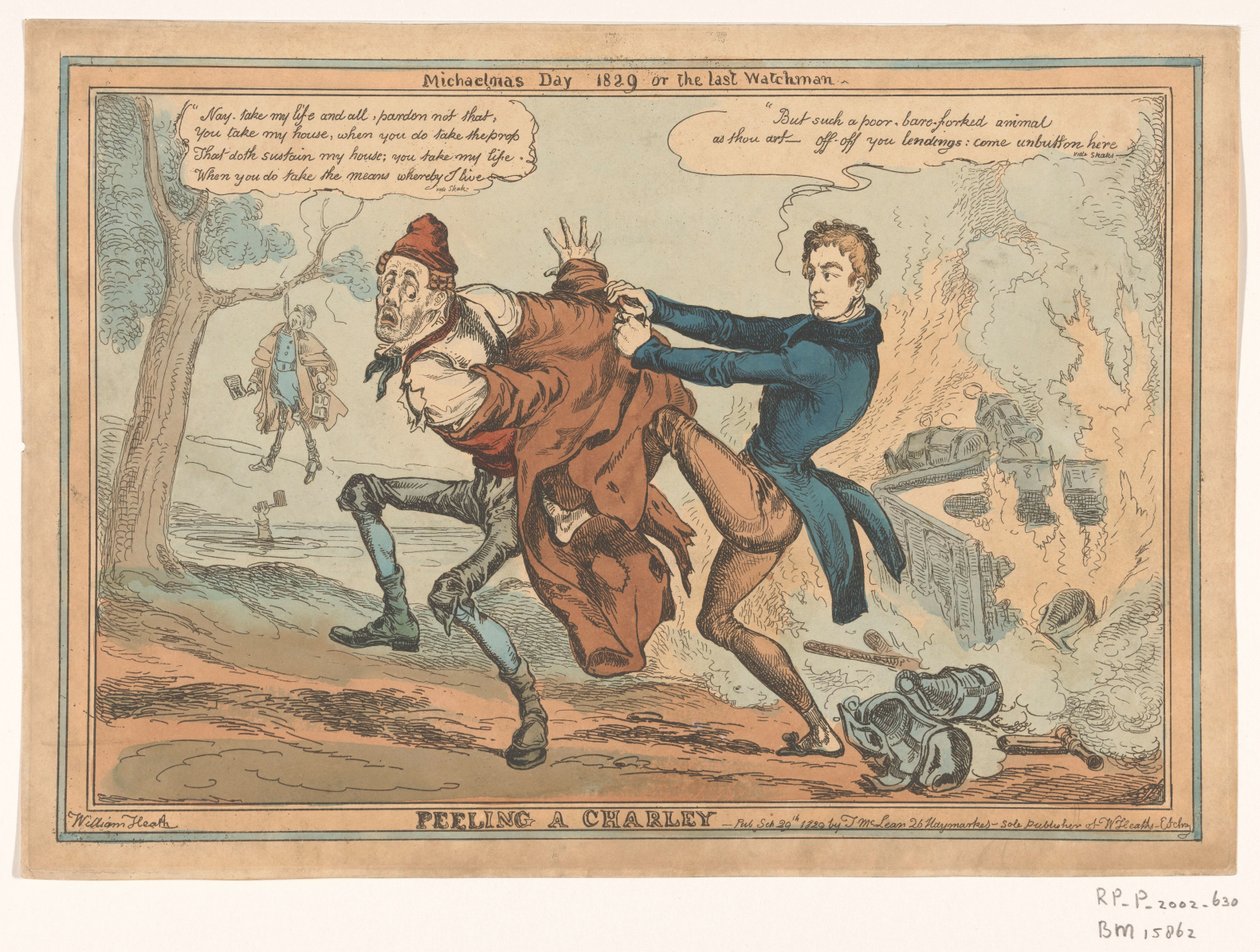 Spotprent af Sir Robert Peel Peeling a Charley / Michaelmas Day 1829 or the last Watchman (titel på objekt) af William Heath