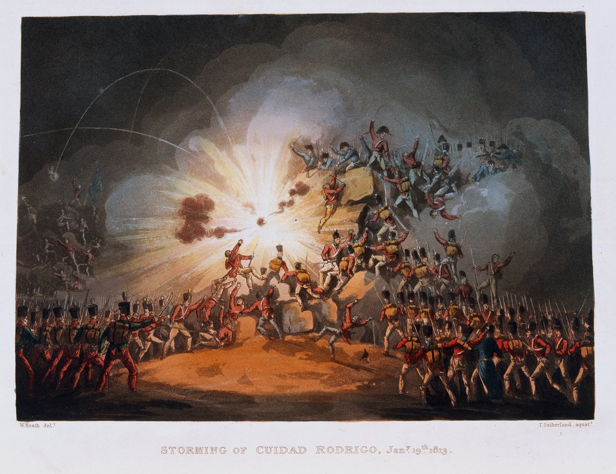 Storming af Ciudad Rodrigo, 19. januar 1813, indgraveret af Thomas Sutherland (1785-1838) udgivet i 1815 (farvet akvatint) af William Heath