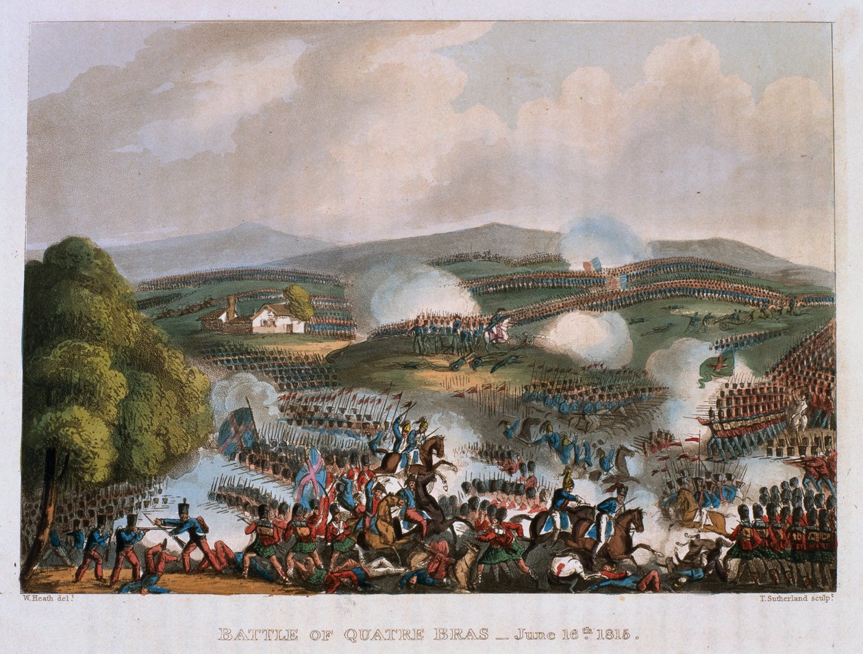 Slaget ved Quatre Bras den 16. juni 1815, graveret af Thomas Sutherland, 1815 (farvet akvatint) af William Heath