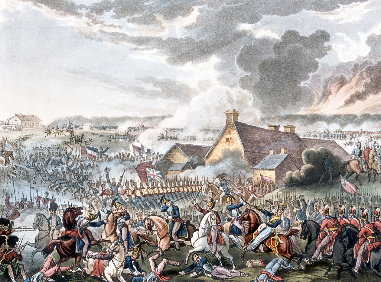 Slaget ved Waterloo, illustration til et fortællende digt af Dr. Syntax, udgivet 1818 (farvet akvatint) af William Heath