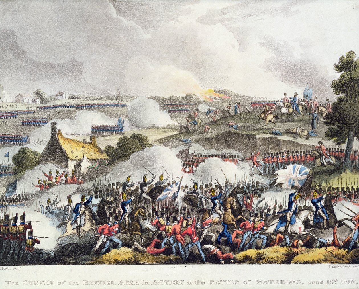 Centret for den britiske hær i aktion i slaget ved Waterloo, 18. juni 1815, indgraveret af Sutherland af William Heath