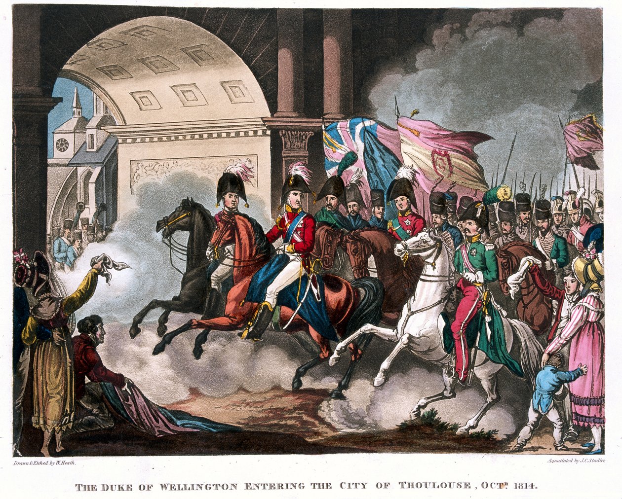 Hertugen af Wellington (1769-1852) på vej ind i byen Toulouse i 1814, illustration til et fortællende digt af Dr. Syntax, udgivet 1818 (farvet akvatint) af William Heath
