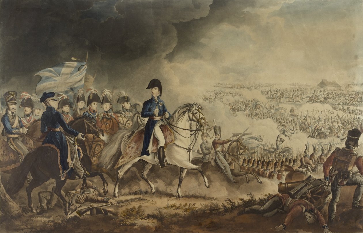 The Duke of Wellington and the Most Distinguished Officers at the Battle of Waterloo, 18 juni 1815, aquatint af W.T. Fry og T. Sutherland, udgivet af J. Jenkins, London, 18. juni 1817 (farvet aquati) af William Heath