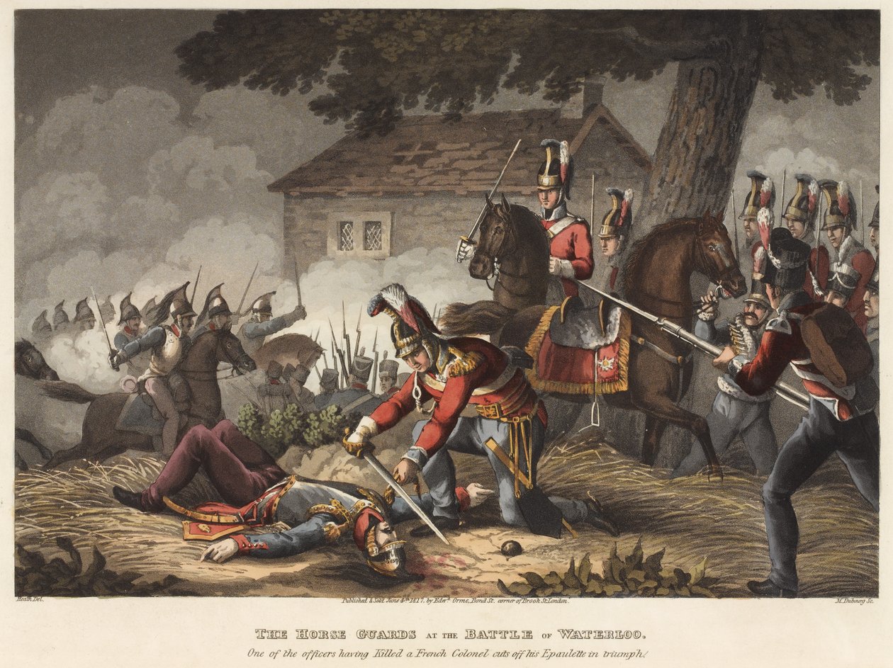 The Horse (Life) Guards at the Battle of Waterloo, en af officererne, der havde dræbt en fransk oberst, skærer sin epaulette af i triumf, indgraveret af M. Dubourg, 1819 (farvet akvatint) af William Heath