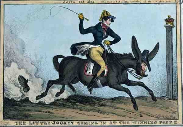 "Den lille jockey kommer ind på vinderposten!!!", ca. 1831 (farvet radering) af William Heath