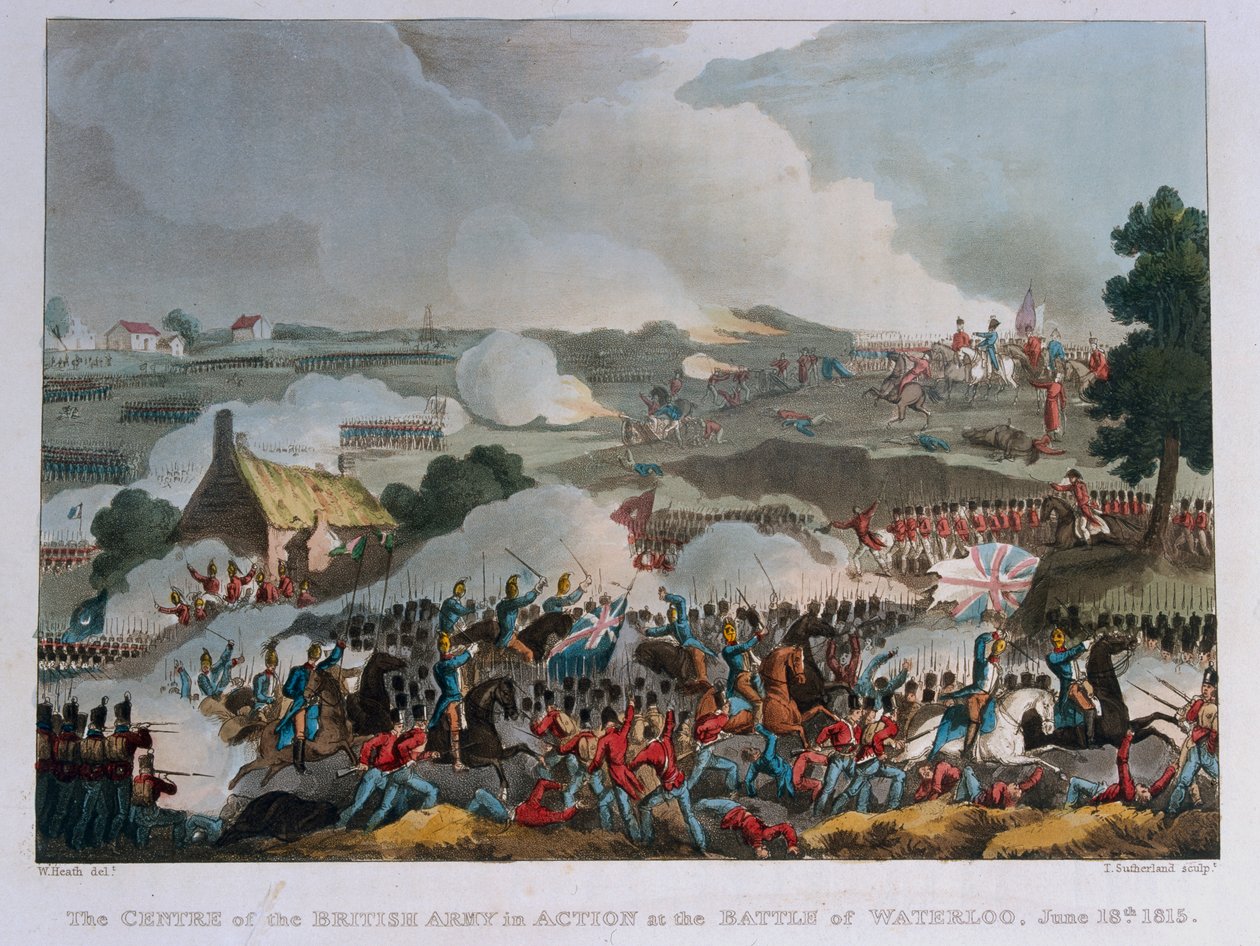 Centrum for den britiske hær i aktion ved slaget ved Waterloo, 1815 (akvatint) af William Heath