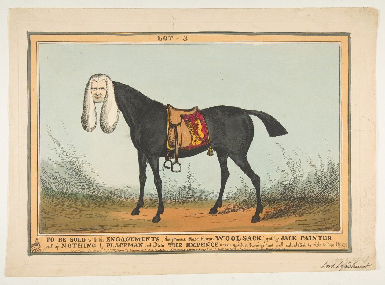 Skal sælges med alle hans forlovelser - Den berømte racehesteuldsæk, 29. juni 1829. af William Heath