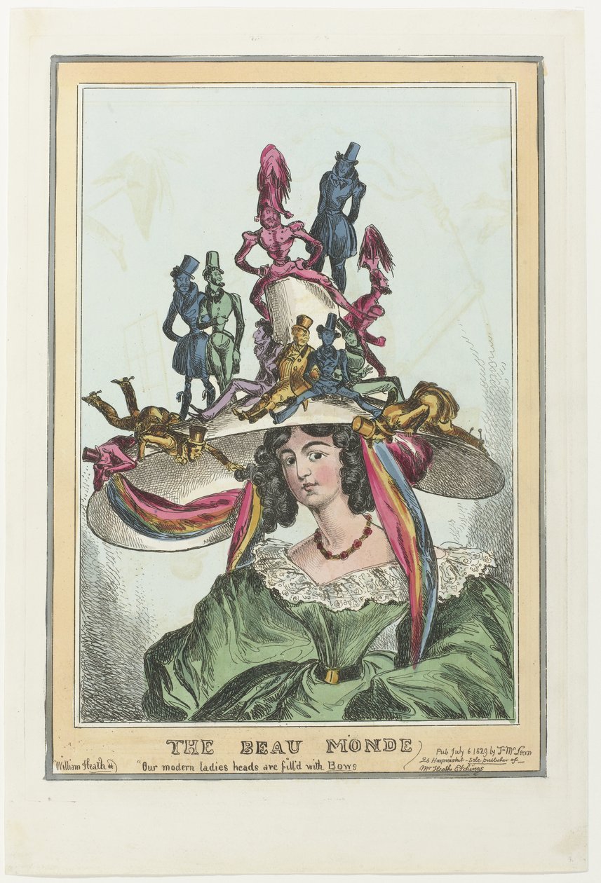 Kvinde med en stor hat, som mandsfigurer sidder på The Beau Monde (titel på objekt) af William Heath