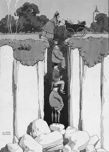 Act of Kindness, Thoughtfulness of Three Gentlemen in Assisting Lady over Chasm (pen og blæk, akvarel) af William Heath Robinson