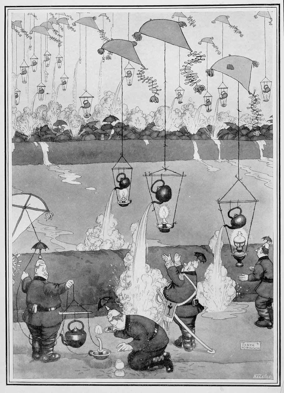 Flying Kettle Attack, fra Some Frightful War Pictures, 1915 (print) af William Heath Robinson