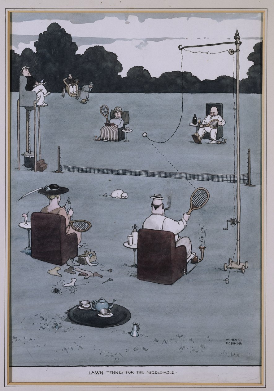 Plænetennis til middelalderen (pen & blæk og w/c) af William Heath Robinson