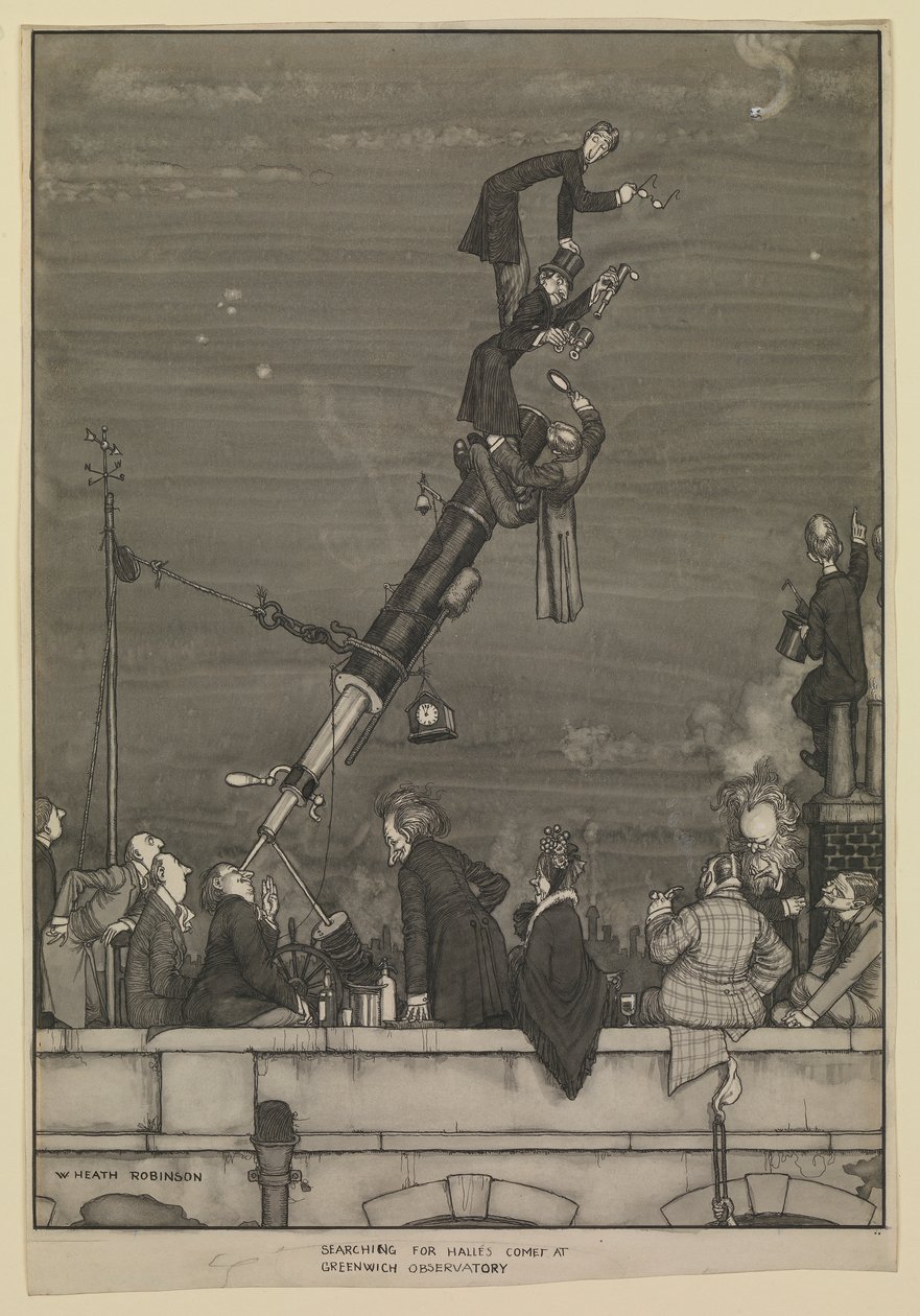 På jagt efter Halleys komet ved Greenwich-observatoriet af William Heath Robinson