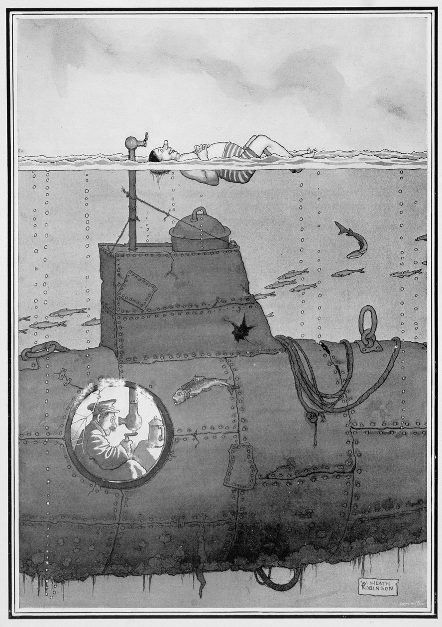 Ubåd, fra Some Frightful War Pictures, 1915 (tryk) af William Heath Robinson