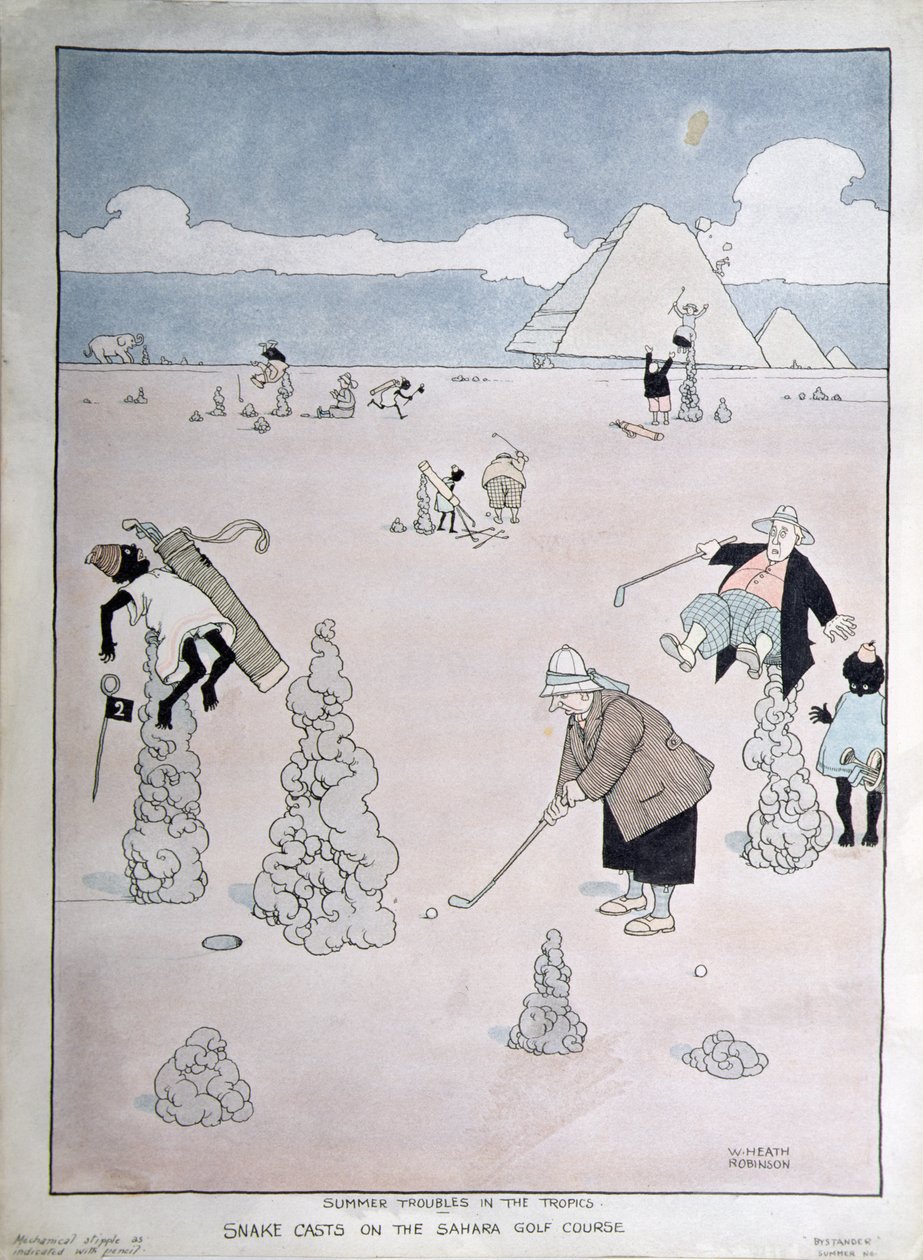 Sommerproblemer i troperne - Slangekast på Sahara-golfbanen (pen, blæk og akvarel) af William Heath Robinson