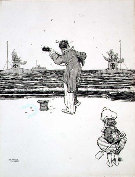 Handel med fjenden på Yarmouth Sands, fra "Some Frightful War Pictures" af William Heath Robinson