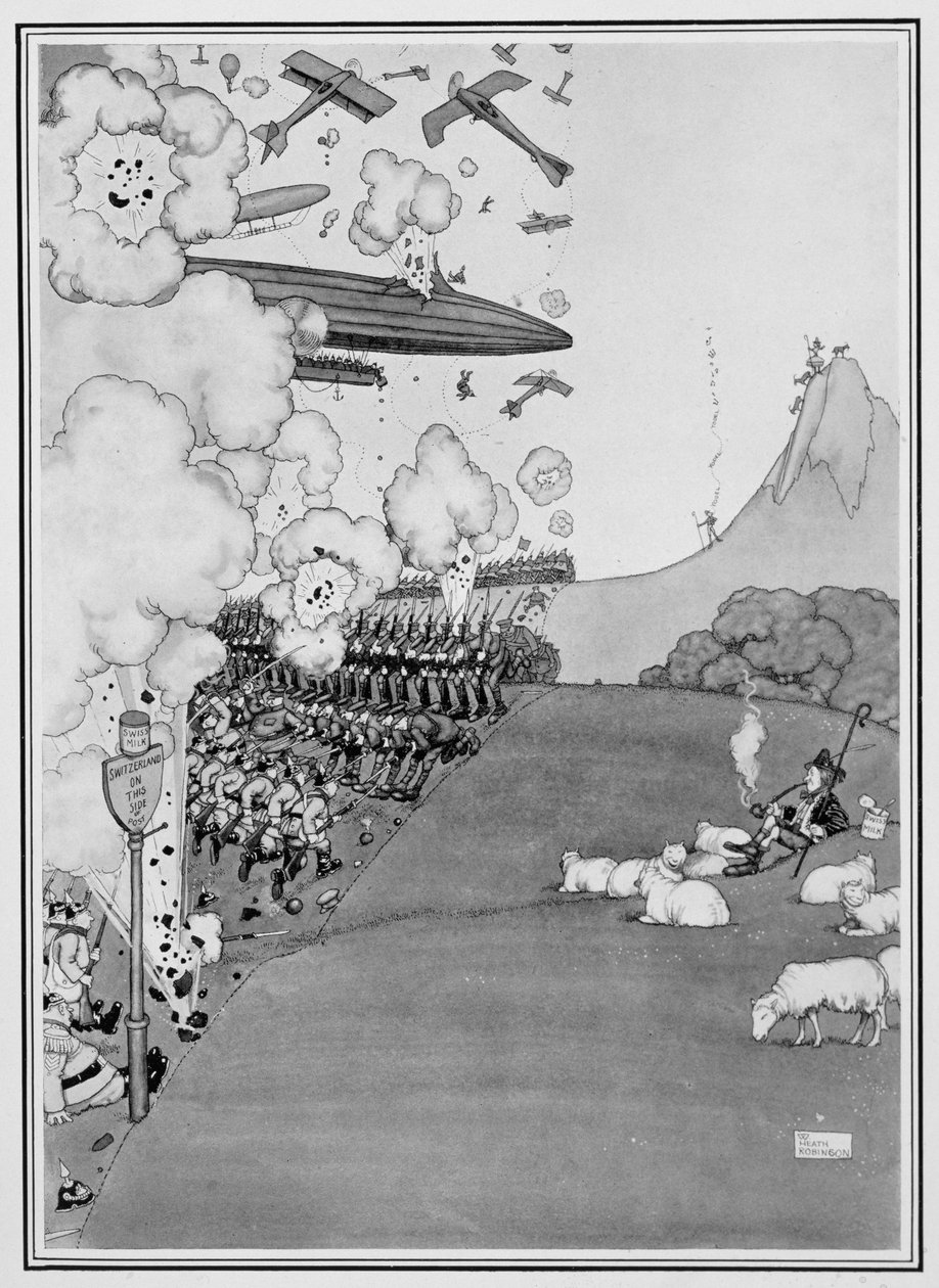 Udsigt over krigen fra Schweiz, fra "Some Frightful War Pictures", 1915 af William Heath Robinson
