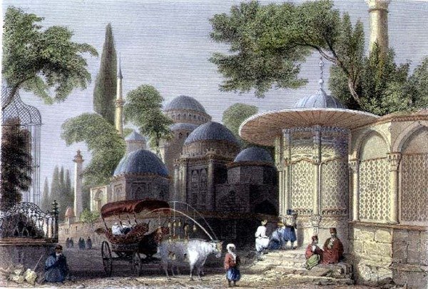 Fontæne og moske i Chahzade, indgraveret af Roberts Sands (1792-1855) ca. 1850 (akvatinte) af William Henry (after) Bartlett
