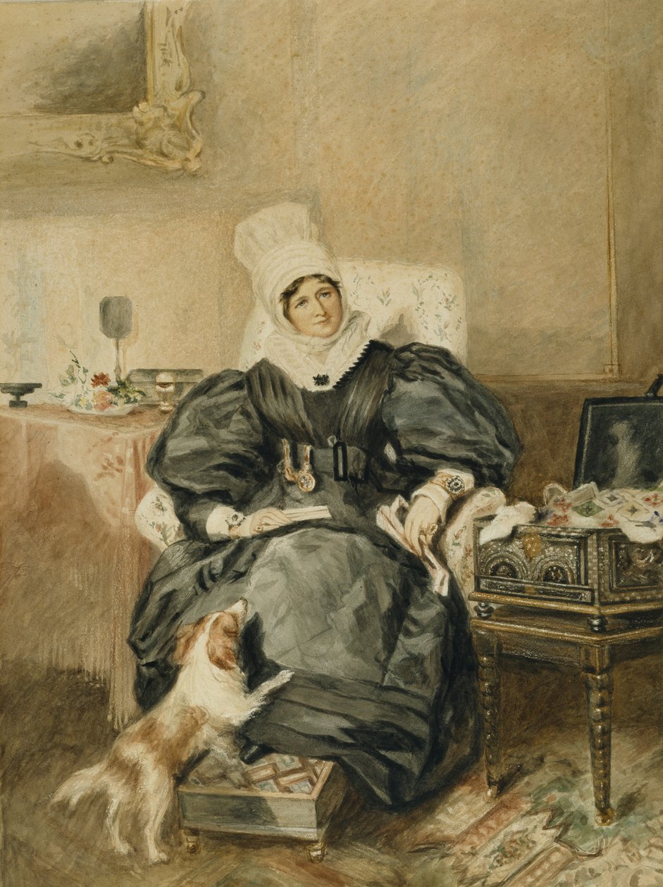 Portræt af en dame ved et bord med en hund (akvarel på papir) af William Henry (after) Hunt