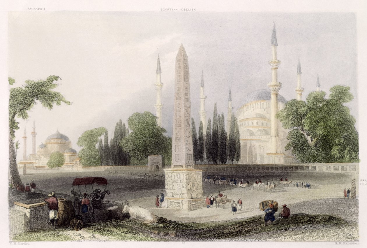 En egyptisk obelisk i Atmeidan, eller Hippodromen, Istanbul, indgraveret af G.K. Richardson, ca. 1850 (akvatinte) af William Henry Bartlett