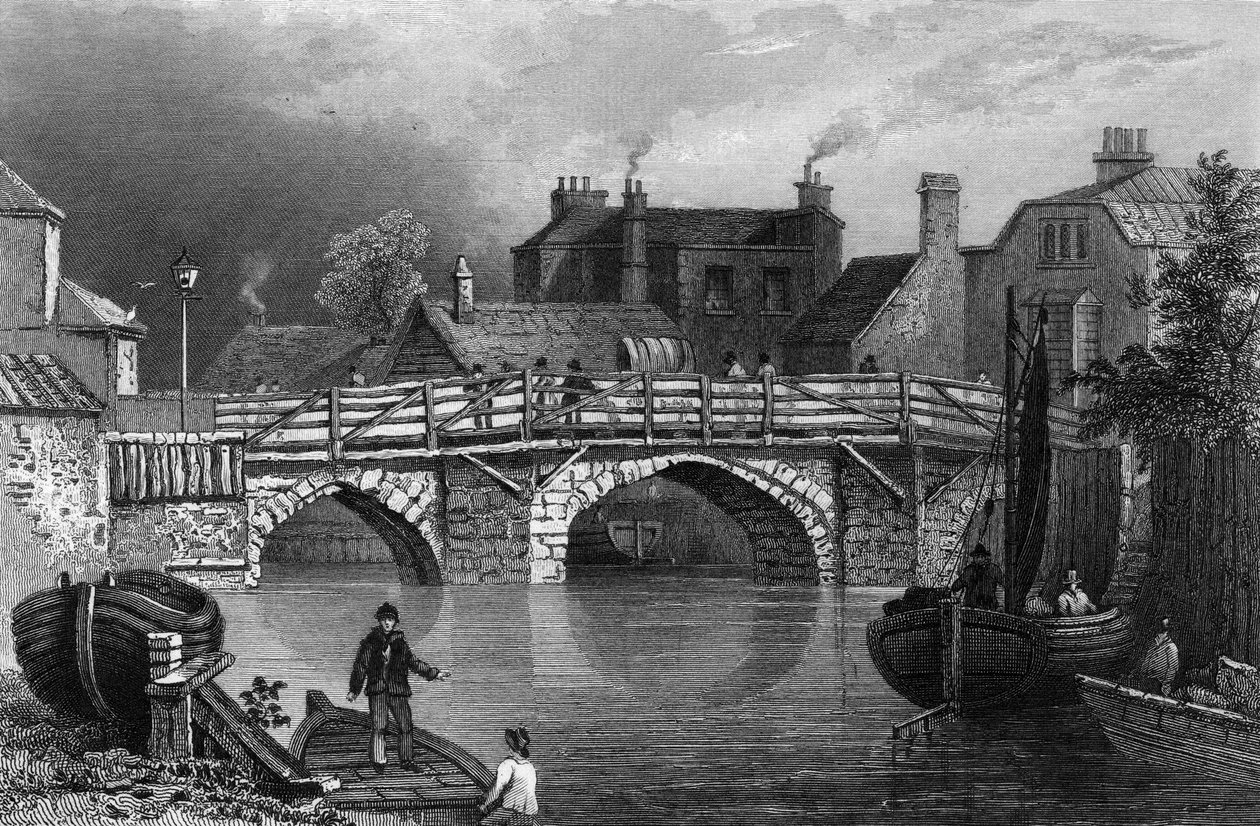 Bow Bridge, Essex, graveret af John Rogers, 1832 af William Henry Bartlett
