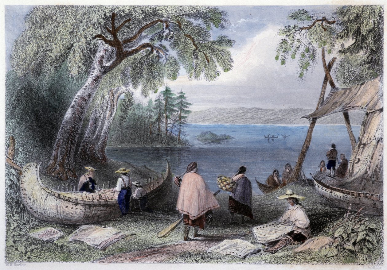 Kanokonstruktion på Pappers Islands nær Ottawa-floden - i "" canadisk landskab illustreret"" af Bartlett W. H. af William Henry Bartlett