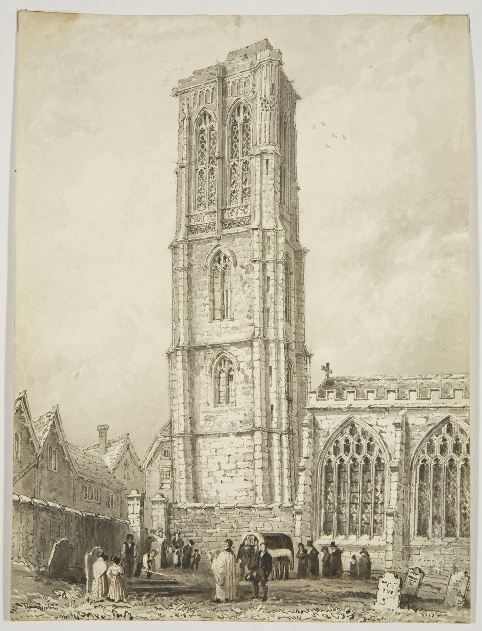 Yderside af Temple Church, viser en internering, ca. 1825 (blyant og akvarel på papir) af William Henry Bartlett