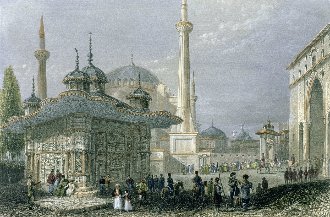 Fontæne og plads i St. Sophia, Istanbul, indgraveret af T. Higham, ca. 1850 (akvatint) af William Henry Bartlett