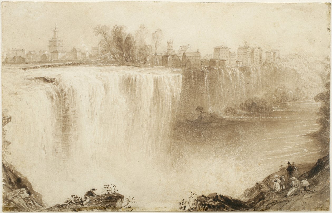 Genesee Falls, Rochester, New York: Study for an Engraving, 1836 (vask med brun blæk med ridser ud på papir) af William Henry Bartlett