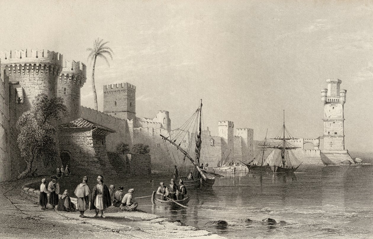 Havn i Rhodos, Grækenland, indgraveret af J.C. Armytage (1820-97) af William Henry Bartlett
