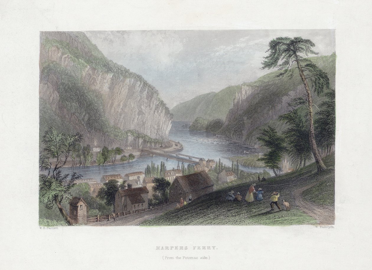 Harpers Ferry (fra Potomac-siden), pub. 1839 (håndfarvet gravering) af William Henry Bartlett