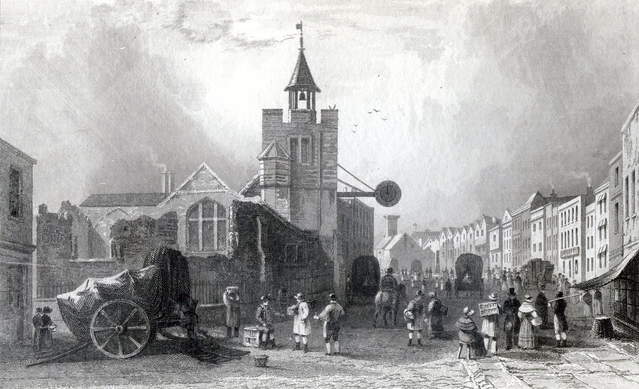 High St. med Church of St. Nicholas, Colchester, Essex, indgraveret af Charles Mottram, 1831 (gravering) af William Henry Bartlett