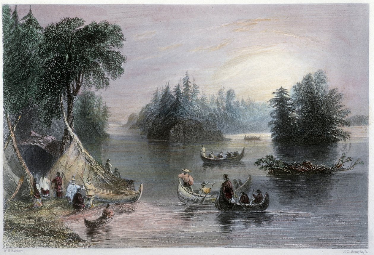 Indianske tipier og kanoer, bankerne ved Sankt Laurent - i "Canadian scenery illustrated" af W.H. Bartlett, London af William Henry Bartlett