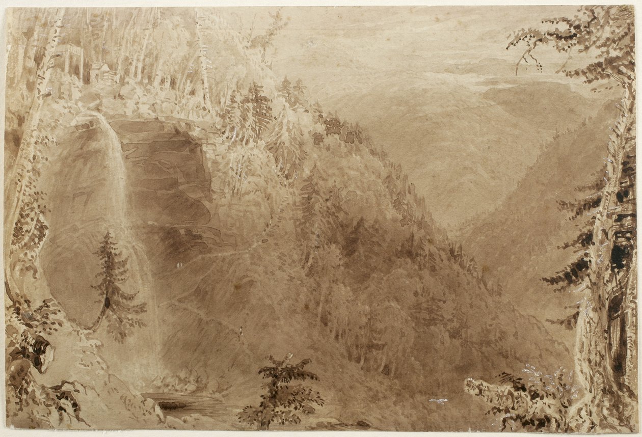Kaaterskill Falls from Above the Ravine, Catskill Mountains, New York: Study for an Engraving, 1836 (brun blækvask med strejf af hvid forhøjning på papir, lagt på kort) af William Henry Bartlett